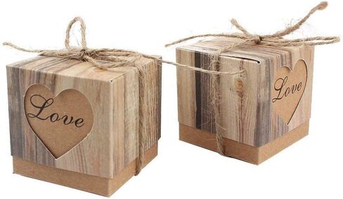 Kaptin 50 Pack Candy Favor Boxes Vintage Kraft Bonbonniere with Burlap Twine, Love Heart Imitation Bark Gift Bag for Wedding Birthday Bridal Party Shower Decoration in Kuwait