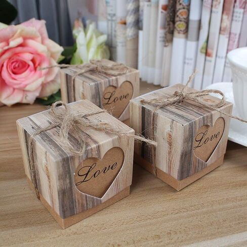 Kaptin 50 Pack Candy Favor Boxes Vintage Kraft Bonbonniere with Burlap Twine, Love Heart Imitation Bark Gift Bag for Wedding Birthday Bridal Party Shower Decoration in Kuwait