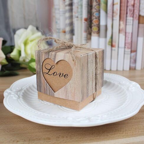 Kaptin 50 Pack Candy Favor Boxes Vintage Kraft Bonbonniere with Burlap Twine, Love Heart Imitation Bark Gift Bag for Wedding Birthday Bridal Party Shower Decoration in Kuwait