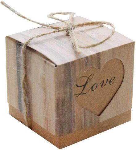 Kaptin 50 Pack Candy Favor Boxes Vintage Kraft Bonbonniere with Burlap Twine, Love Heart Imitation Bark Gift Bag for Wedding Birthday Bridal Party Shower Decoration in Kuwait
