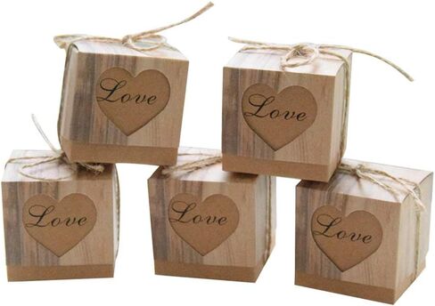 Kaptin 50 Pack Candy Favor Boxes Vintage Kraft Bonbonniere with Burlap Twine, Love Heart Imitation Bark Gift Bag for Wedding Birthday Bridal Party Shower Decoration in Kuwait