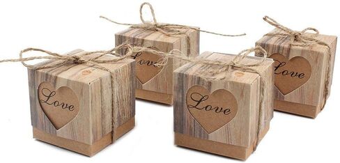 Kaptin 50 Pack Candy Favor Boxes Vintage Kraft Bonbonniere with Burlap Twine, Love Heart Imitation Bark Gift Bag for Wedding Birthday Bridal Party Shower Decoration in Kuwait