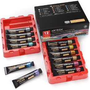 ARTEZA Metallic Gouache Paint, Set of 36, 12ml/0.4 US Fl Oz Gouache Paint Tubes, Glitter Paint for Canvas & Paper