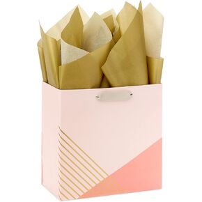 Hallmark Signature Studio 7" Medium Square Gift Bag with Tissue Paper (Coral, Blush Pink, Gold Stripes) for Birthdays, Bridal Showers, Weddings, Baby Showers, Galentines