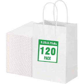 BLEWINDZ 120Pcs White Kraft Paper Bags with Handles Bulk – 5.25 x 3.75 x 8 Inch Small Gift Bags Shopping Bags Goody Bags Recyclable for Grocery Birthday Party Retail Wedding Sacks in Kuwait