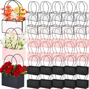 Geelin 30 Pcs Flower Gift Bags Paper Bouquet Bags Rectangle Flower Box for Arrangements Waterproof Bouquet Box with Handles Florist Supplies for Mothers Day Wedding(Black, Pink, White, Classic,