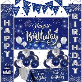 Nigifter Navy Blue and Silver Happy Birthday Party Decorations for Men Boys Women Girls Birthday Party Supplies with Happy Birthday Photo Backdrop Porch Sign Tablecloth Banner Blue and Silver Balloons