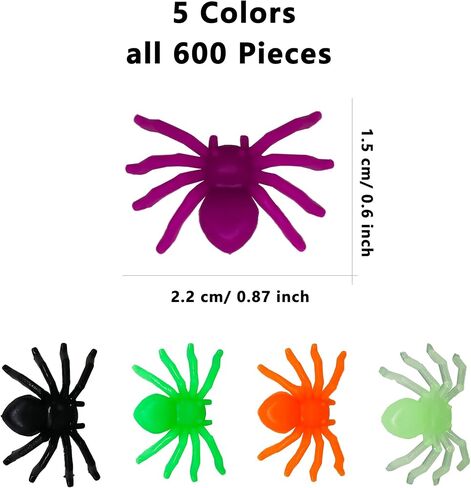 600 قطعة من ترونيسترو العناكب البلاستيكية للهالوين، العناكب الصناعية الواقعية مضيئة العناكب لعبة مقنك واقعية لمستلزمات ديكور الهالوين، 5 ألوان in Kuwait