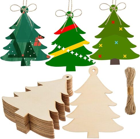36 Pieces Wooden Christmas Tree Cutouts 6 Inch Unfinished Christmas Tree Hanging Ornaments Blank Christmas Tree Wood Cutouts Slice with Ropes for DIY Crafts Christmas Winter Xmas Decoration in Saudi Arabia
