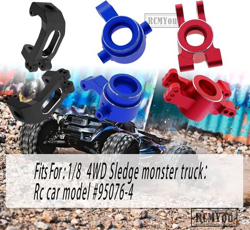 كتلة العجلات المصنوعة من سبيكة RCMYou RC وكتل التوجيه وحاملات المحور الخلفي ترقيات الجزء لـ 1/8 Sledge 4WD، تقفز لشاحنة Sledge 4WD Monster Truck #95076-4، استبدل #9537، #9532، #9552، أحمر in Kuwait