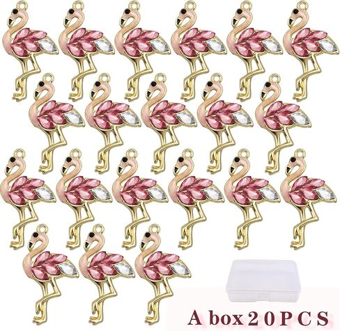 WOOOBD 20pcs Golden Plated Flamingo Charms with Rhinestone Alloy Enamel Flamingo-Shape Pendants Pink Bird Animal Dangle Charms with a Box for DIY Bracelet Jewelry Making Supplies Decor in Kuwait