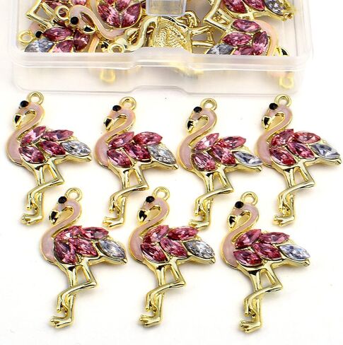WOOOBD 20pcs Golden Plated Flamingo Charms with Rhinestone Alloy Enamel Flamingo-Shape Pendants Pink Bird Animal Dangle Charms with a Box for DIY Bracelet Jewelry Making Supplies Decor in Kuwait