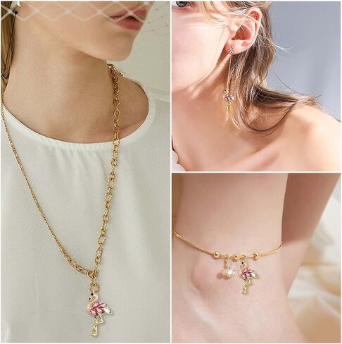 WOOOBD 20pcs Golden Plated Flamingo Charms with Rhinestone Alloy Enamel Flamingo-Shape Pendants Pink Bird Animal Dangle Charms with a Box for DIY Bracelet Jewelry Making Supplies Decor in Kuwait