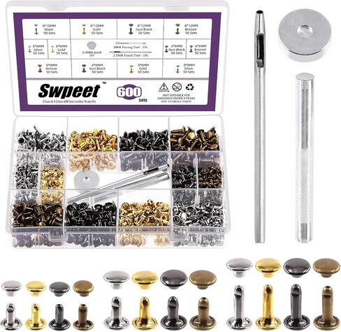 Swpeet 600 Sets 4 Colors 6mm 8mm 12mm Leather Rivets Double Cap Rivets with 3Pcs Fixing Tools Assortment Kit, Leather Rivets Double Cap Rivets Tubular for DIY Leather Craft Clothes Shoes in Saudi Arabia