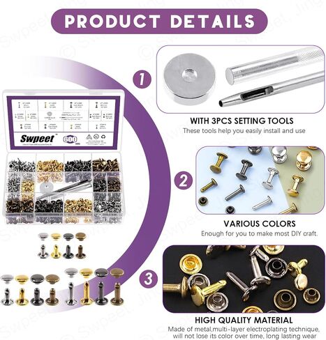 Swpeet 600 Sets 4 Colors 6mm 8mm 12mm Leather Rivets Double Cap Rivets with 3Pcs Fixing Tools Assortment Kit, Leather Rivets Double Cap Rivets Tubular for DIY Leather Craft Clothes Shoes in Saudi Arabia