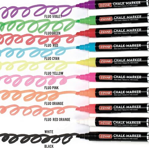 قلم طباشير سائل من ZEYAR، قلم مسح مبلل، طرف ذو وجهين - رصاصة وإزميل: 4 مم و2.5 مم، 10 ألوان، يكتب على السبورات غير المسامية، وألواح البيسترو، والنوافذ والبلاستيك (10 ألوان معدنية) in Kuwait