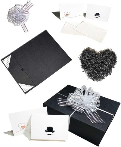 صندوق هدايا كبير لامع أسود لامع مقاس 11 × 8.5 × 3.5 بوصة مع غطاء مغناطيسي، وقوس سحب، وبطاقات وورق مجعد، لهدايا الزفاف، وهدايا مقترحات وصيفات العروس، ورفقاء العريس، والعطلات، وحفلات أعياد الميلاد، والتخرج in Kuwait