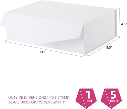 PACKQUEEN 5 White Gift Boxes, Large Gift Boxes with Lids, 13.5x9x4.1 Inches Magnetic Closure Gift Boxes for Presents, Bridesmaid Proposal Boxes (Matte White with Grain Texture) in Kuwait