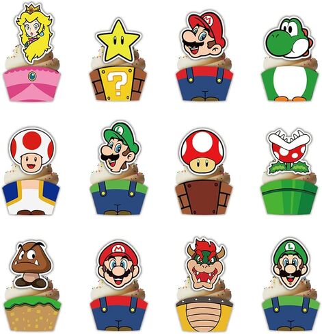 12 قطعة من اعواد تزيين الكيك بتصميم ماريو وورق تغليف الكيك للاطفال لتزيين حفلات عيد ميلاد الاطفال in Kuwait