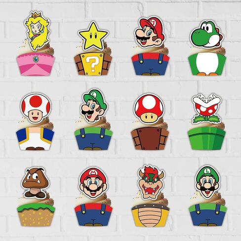 12 قطعة من اعواد تزيين الكيك بتصميم ماريو وورق تغليف الكيك للاطفال لتزيين حفلات عيد ميلاد الاطفال in Kuwait