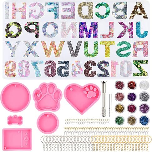 الاجيرلس مجموعة قوالب سلسلة مفاتيح من راتنج الايبوكسي الابجدية 262 قطعة - قوالب سيليكون لصب الراتنج ومجموعة اكسسوارات سلسلة المفاتيح لصنع المجوهرات والقلائد - مجموعة حرفية من الراتنج للمبتدئين in Kuwait
