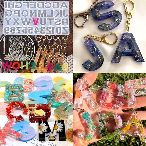 الاجيرلس مجموعة قوالب سلسلة مفاتيح من راتنج الايبوكسي الابجدية 262 قطعة - قوالب سيليكون لصب الراتنج ومجموعة اكسسوارات سلسلة المفاتيح لصنع المجوهرات والقلائد - مجموعة حرفية من الراتنج للمبتدئين in Kuwait