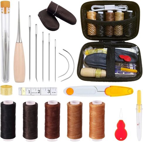 مجموعة الخياطة الجلدية المكونة من 30 عبوة، طقم إصلاح التنجيد، أدوات ولوازم عمل جلدية، طقم أدوات يدوية من الجلد إبر خياطة يدوية بإبر خياطة واسعة العين لإصلاح الجلد (ملونة) in Kuwait