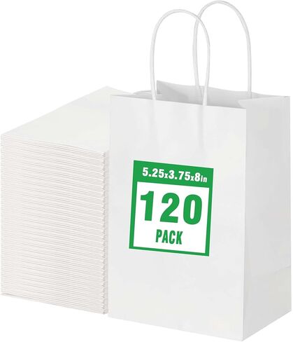 BLEWINDZ 120Pcs White Kraft Paper Bags with Handles Bulk – 5.25 x 3.75 x 8 Inch Small Gift Bags Shopping Bags Goody Bags Recyclable for Grocery Birthday Party Retail Wedding Sacks in Kuwait