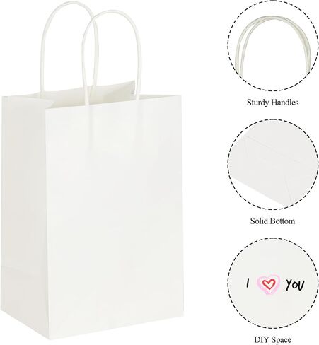 BLEWINDZ 120Pcs White Kraft Paper Bags with Handles Bulk – 5.25 x 3.75 x 8 Inch Small Gift Bags Shopping Bags Goody Bags Recyclable for Grocery Birthday Party Retail Wedding Sacks in Kuwait