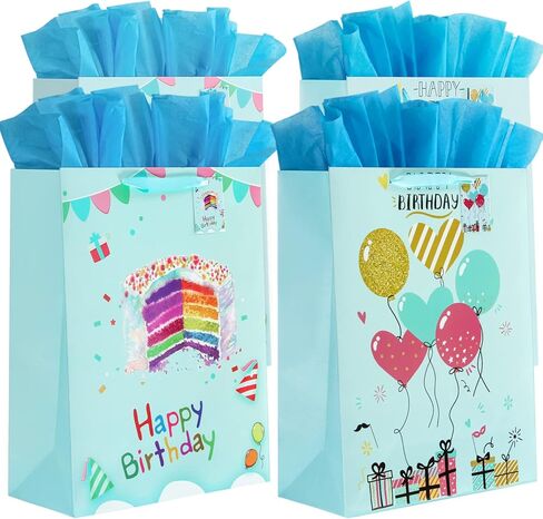 BLEWINDZ 16.5" Extra Large 4 Pack Happy Birthday Gift Bags with Tissue Paper and Tags, Huge Birthday Gift Bags for Kids Girls Baby Party favors in Kuwait