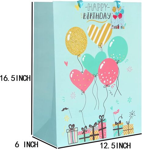 BLEWINDZ 16.5" Extra Large 4 Pack Happy Birthday Gift Bags with Tissue Paper and Tags, Huge Birthday Gift Bags for Kids Girls Baby Party favors in Kuwait