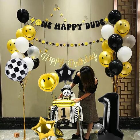 34Pcs One Happy Dude Birthday Decorations - First Birthday Party Supplies 1st Birthday Party Idea, Groovy One Cool dude Birthday Aluminum Foil Balloons Set, Hippie Birthday Decor in Kuwait