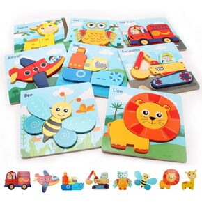 UNIWA Wooden Puzzles for Toddlers 1-3, Wooden Jigsaw Puzzles for 1 2 3 Year Old Toddlers, 8 Pack Animal, Vehicle Puzzles Montessori Toys, Learning Educational Christmas Birthday Gifts for Girls Boys… in Kuwait