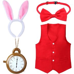Keymall Kids Easter White Rabbit Costume Accessory Kit 4 Pcs Bunny Ear Headband Vest Bowtie Clock Props For Easter Halloween