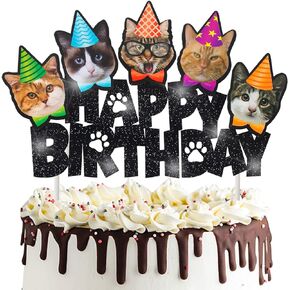 Cat Happy Birthday Cake Topper Cat Theme Party Cake Decoration for Meow Kitty Cat Birthday Party Baby Shower Supplies