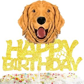 Golden Retriever Cake Topper Happy Birthday Puppy Theme Gold Glitter Party Decor Picks for Pet Dog Birthday Party Decorations Supplies