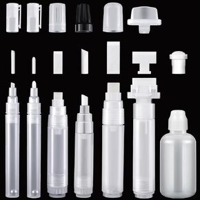 Kisston 7 Pieces Refillable Paint Pen 3 mm 6 mm 8.5 mm 10 mm 15 mm 30 mm Empty Acrylic Markers Graffiti Markers Round Tilted Flat Head Fillable Paint Pen with Handy Art Paint Dabbers Bottles for Ink