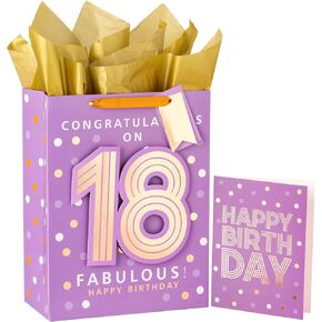 MAYPLUSS Luxury 18th Birthday Gift Bags - 13" Large Gift Bag with Greeting Card and Tissue Paper with Purple Gold Foil Design Fabulous Party Gift Bag for Girls Her Him Women