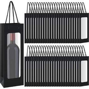 50 Pcs Wine Gift Bag with Window 4.9" x 3.6" x 14.2" Kraft Paper Wine Bags with Windows Kraft Paper Flower Wrapping Bag Transparent Window Bags for Valentine's Day Birthday Wedding Party Gift (Black)