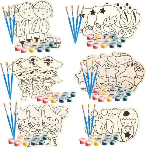 Mermaid & Pirate Wood Painting Kits (24 ct)- Perfect Goodie Bag Party Favors for Kids Birthday Party -Each has a Wood Craft, Paints, Brush & Sticker for Boys & Girls -Kids Multi-Item Party Favor Packs in Saudi Arabia