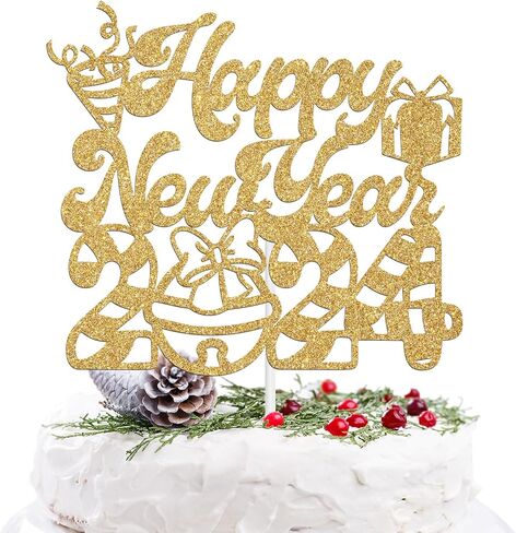 غلاف كعكة Happy New Year 2024 - ديكور كعكة عيد الميلاد الشتوي، عيد ميلاد سعيد سانتا هالو 2024 لوازم تزيين حفلات رأس السنة الجديدة، ذهبي لامع in Saudi Arabia