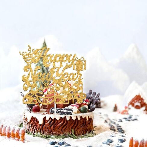 غلاف كعكة Happy New Year 2024 - ديكور كعكة عيد الميلاد الشتوي، عيد ميلاد سعيد سانتا هالو 2024 لوازم تزيين حفلات رأس السنة الجديدة، ذهبي لامع in Saudi Arabia