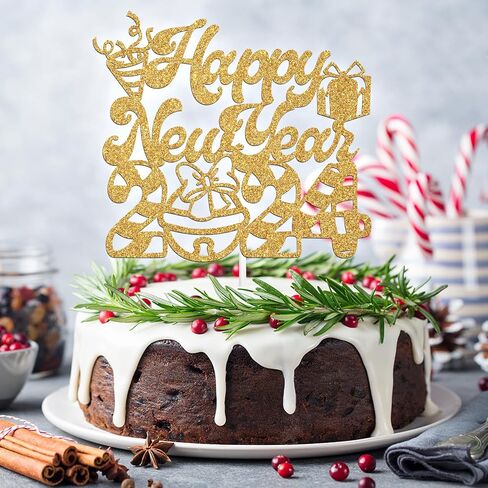 غلاف كعكة Happy New Year 2024 - ديكور كعكة عيد الميلاد الشتوي، عيد ميلاد سعيد سانتا هالو 2024 لوازم تزيين حفلات رأس السنة الجديدة، ذهبي لامع in Saudi Arabia