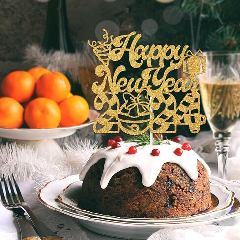 غلاف كعكة Happy New Year 2024 - ديكور كعكة عيد الميلاد الشتوي، عيد ميلاد سعيد سانتا هالو 2024 لوازم تزيين حفلات رأس السنة الجديدة، ذهبي لامع in Saudi Arabia