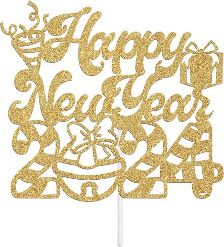 غلاف كعكة Happy New Year 2024 - ديكور كعكة عيد الميلاد الشتوي، عيد ميلاد سعيد سانتا هالو 2024 لوازم تزيين حفلات رأس السنة الجديدة، ذهبي لامع in Saudi Arabia