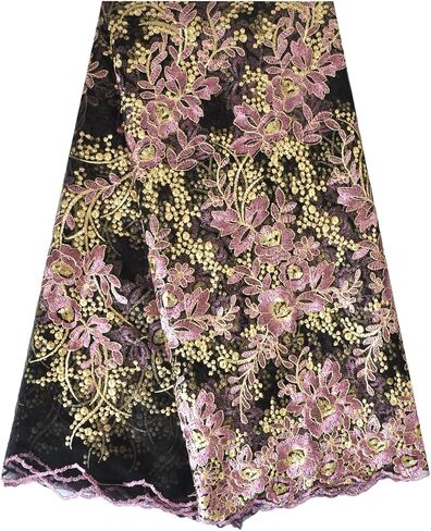SanVera17 African Fabric Net Fabrics Nigerian Embroidered Lace Fabric for Party Dress (Brown) 5 Yards 2203-11 in Kuwait