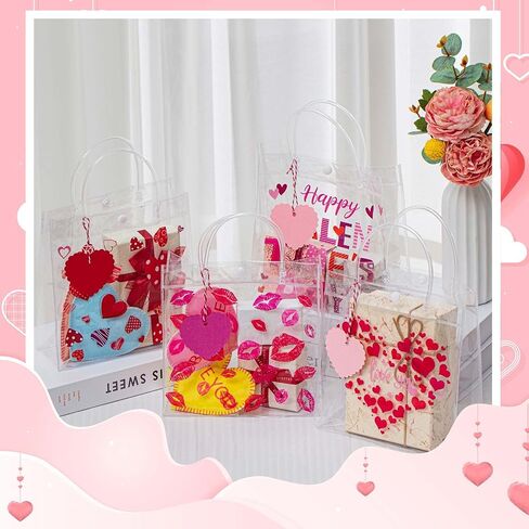 Amylove 24 قطعة من أكياس هدايا PVC الشفافة لعيد الحب مع مقابض مقاس 7.87x7.87x3.15 بوصة حقائب حمل بلاستيكية قابلة لإعادة الاستخدام حقائب هدايا شفافة مع أشرطة (أحمر، أحمر وردي، وردي، حب) in Kuwait