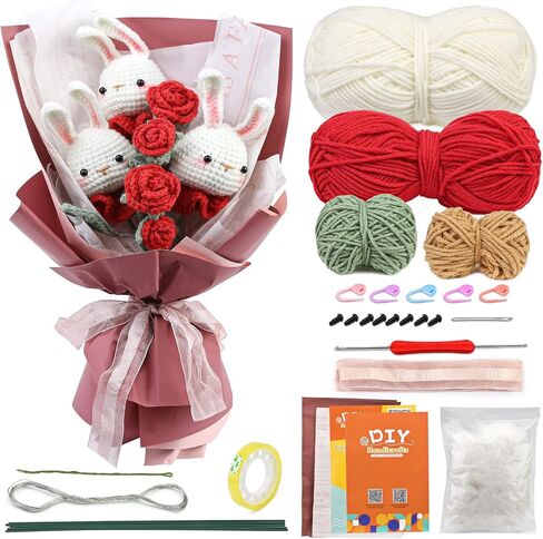 Fadoub Crochet kit for Beginner,Crochet Animal Kit,Beginner Crochet Kit for Adults, Crochet Starter Kits with Yarn,Crochet Hooks,Needles,Polyester Fiber(Dinosauria and Fox) in Kuwait