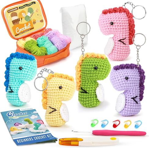 Crochetobe Crochet Kit for Beginners - 5 PCS Easy-Shaped Crochet Dinosaurs, Complete Crochet Kits Include Detailed Instructions and Video Tutorials, Beginner Crochet Kit for Adults(Patent Product) in Kuwait