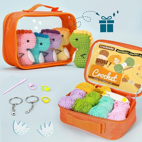 Crochetobe Crochet Kit for Beginners - 5 PCS Easy-Shaped Crochet Dinosaurs, Complete Crochet Kits Include Detailed Instructions and Video Tutorials, Beginner Crochet Kit for Adults(Patent Product) in Kuwait
